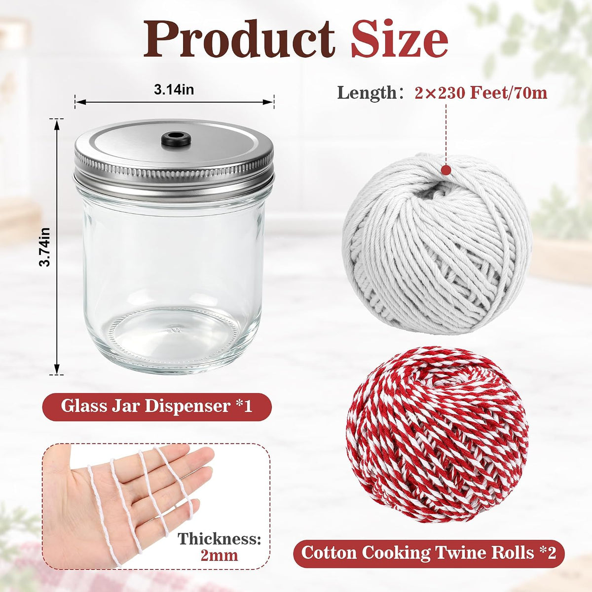 2 Roll 230FT Kitchen Twine for Cooking with Glass Jar Dispenser, Red&White