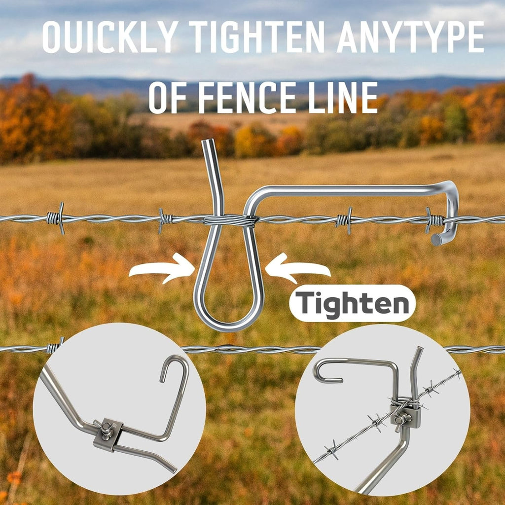 Fence Stretcher Tool Kit - 50-Pack 1/4" Wire Tightener Clips + Heavy-Duty Handle for Barbed Wire, Chain Link & Farm