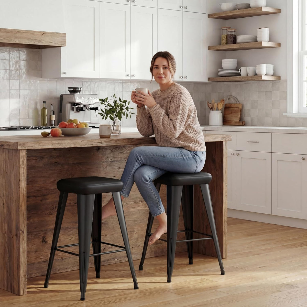 Backless Bar Stools Set of 4, 30" Black PU Leather Barstools