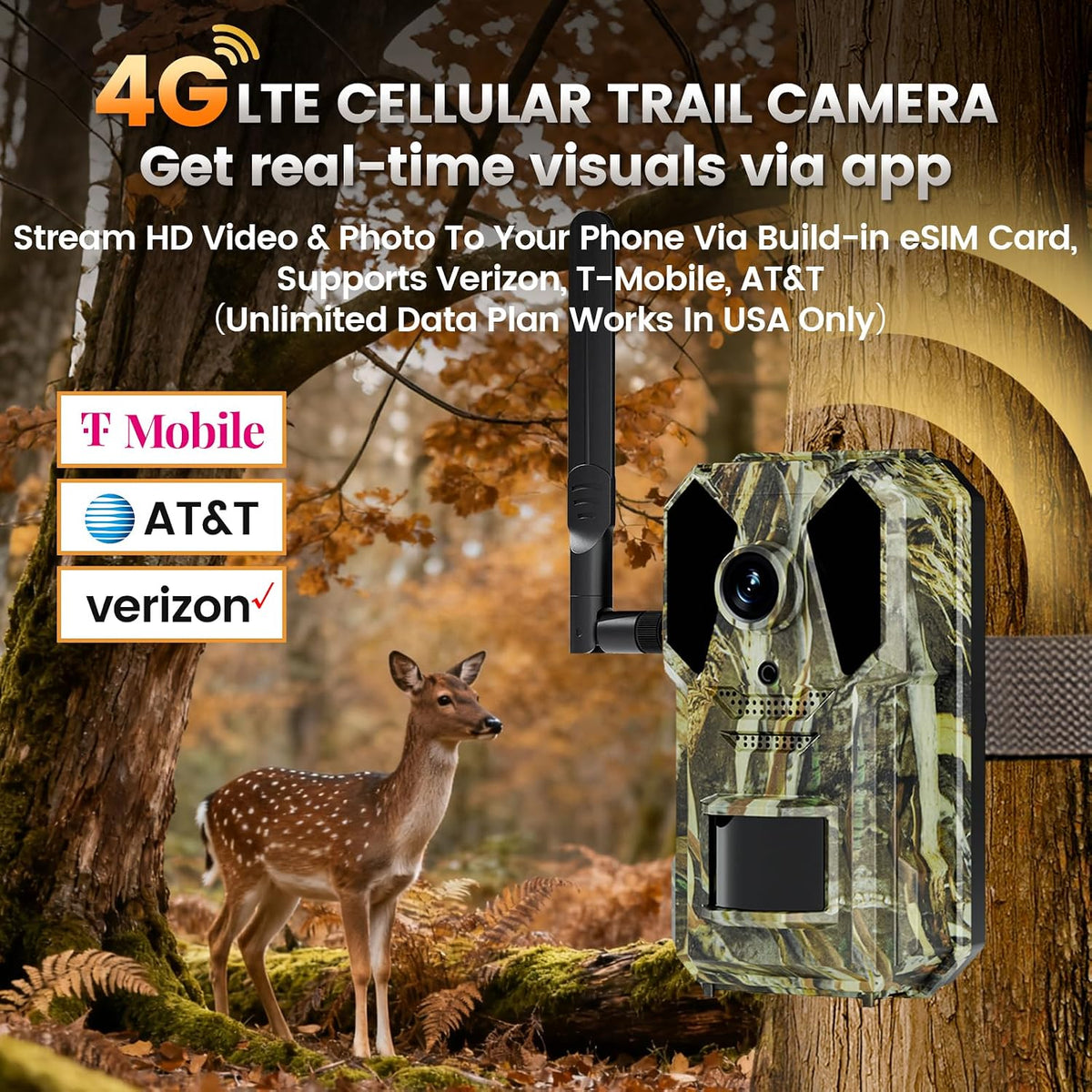 Trail Camera, 4G Cellular Dual Lens Trail Cameras 2.7K, 0.2s Fast Trigger Speed, Game Camera with Full Color Night