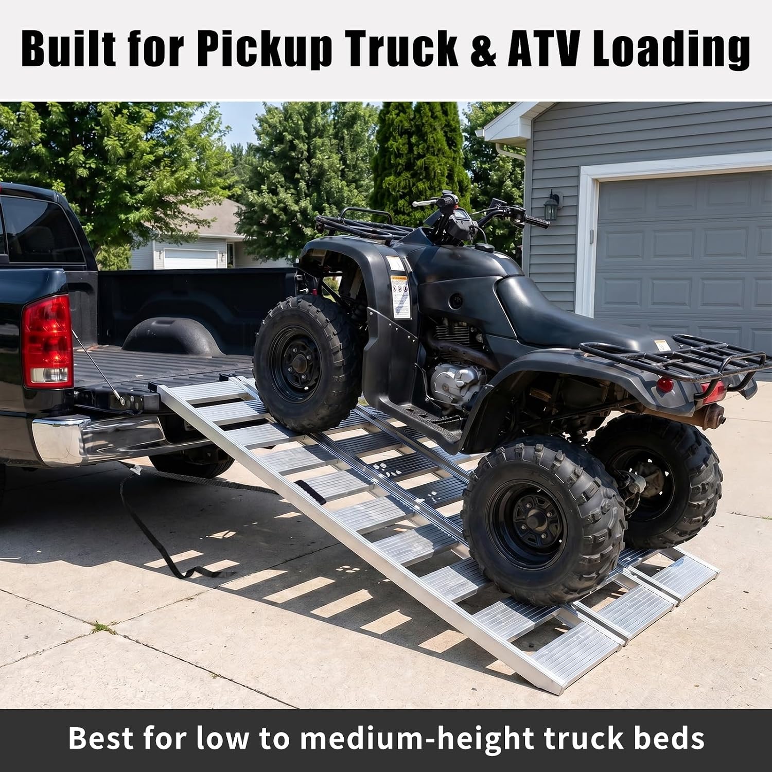 Aluminum Tri-Fold ATV Loading Ramp, 76" x 50" Wide Platform, 1500 lb Capacity with Safety Straps for Lawn Mower, Snow