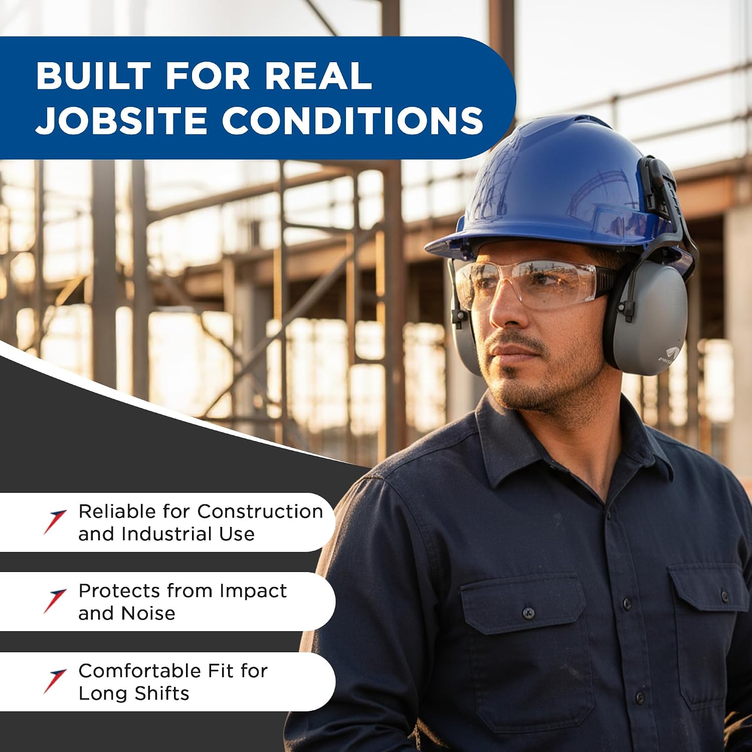 Ridgeline Cap Style Hard Hat Safety Helmet with Hard Hat Suspension and Earmuff Attachment Included for Head and