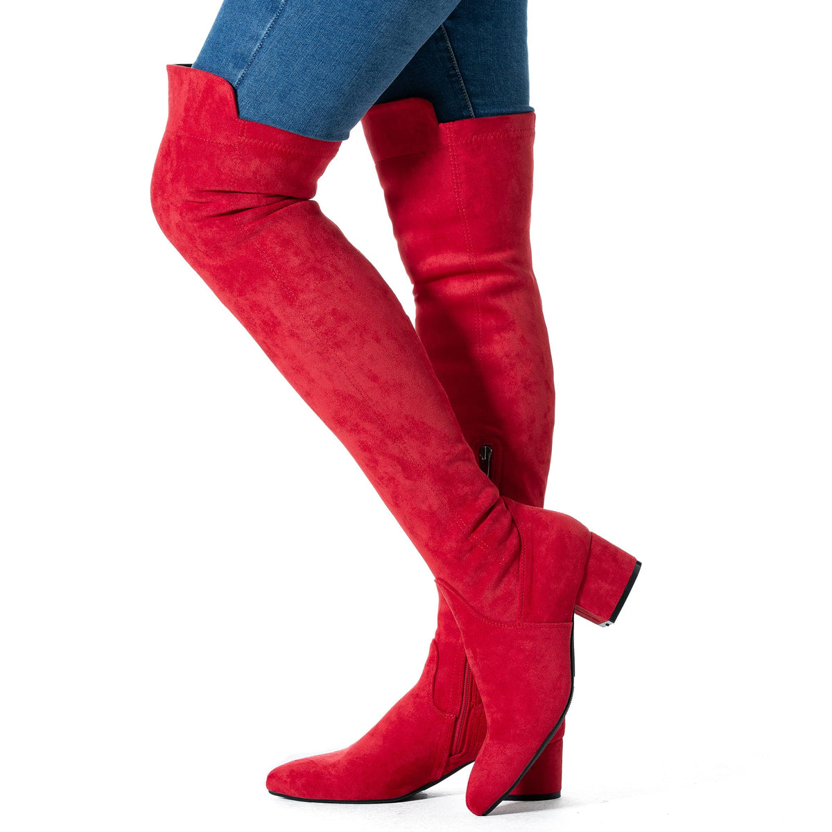 Women Over the Knee Boots Red Size 9 Winter Suede Low 2Inch Heel Thigh High Block Chunky Above knee Designer Ladies