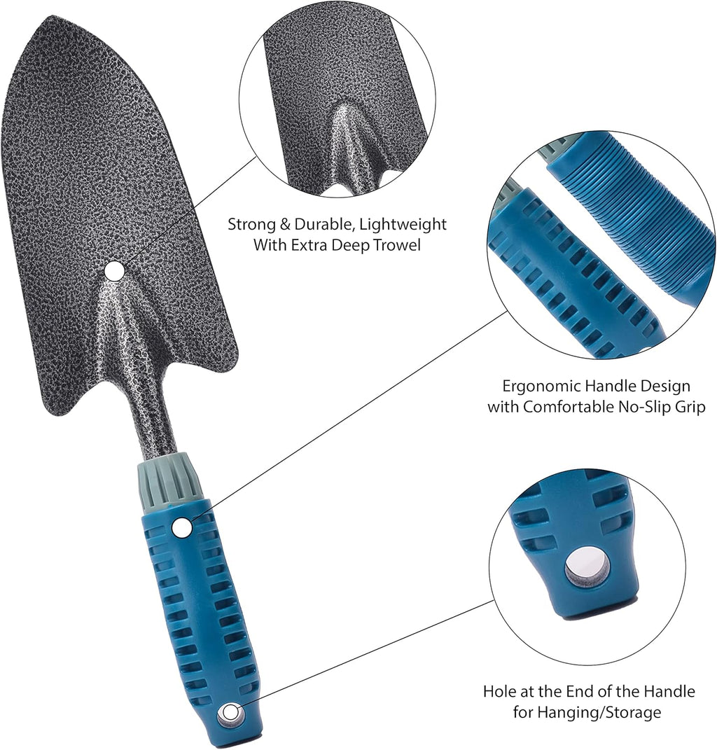 4 Piece Garden Tool Set Heavy Duty, Gardening Hand Tools Work No-Slip Grip Trowel Transplanter Weeder Hand Rake