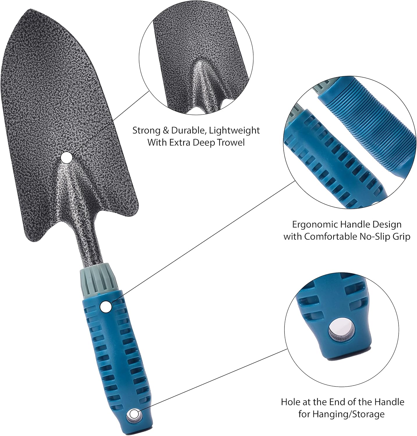 4 Piece Garden Tool Set Heavy Duty, Gardening Hand Tools Work No-Slip Grip Trowel Transplanter Weeder Hand Rake