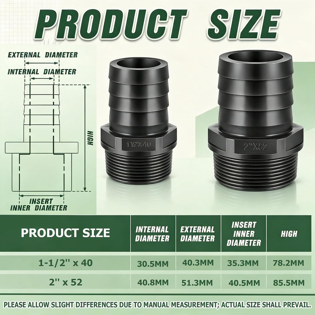 2PCS 1-1/2" PVC Barbed Hose Fittings with NPT Adapter