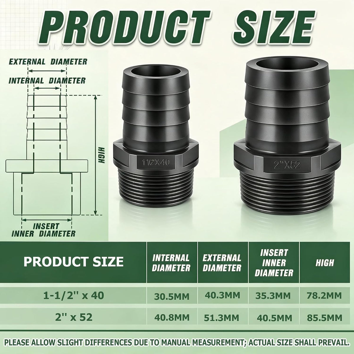 2PCS 1-1/2" PVC Barbed Hose Fittings with NPT Adapter