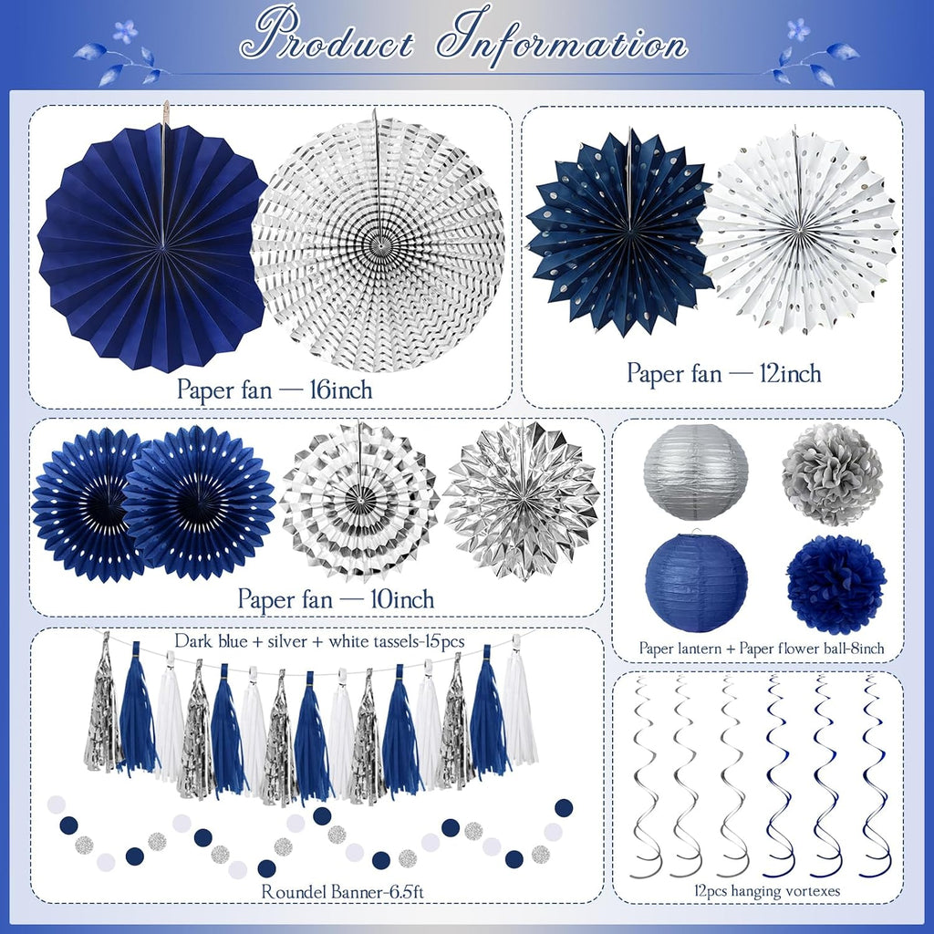 34 Pcs Blue and Silver Party Decorations, Hanging Paper Lanterns Fans Pom Poms Set, Blue Streamers, 2026 Graduation