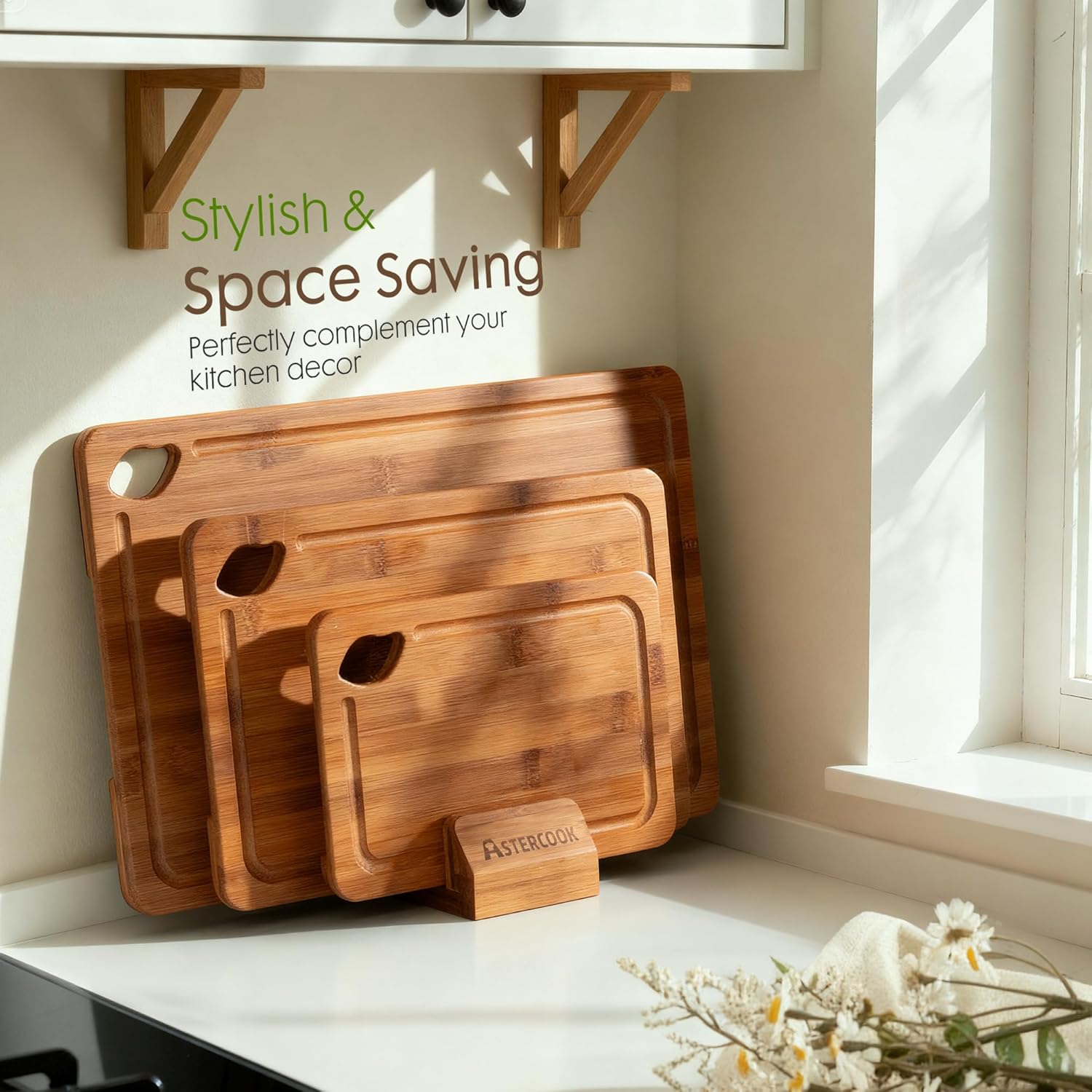 Deep-Carbonized Bamboo Cutting Boards for Kitchen with Wood Storage Stand, Reversible Charcuterie & Chopping Boards