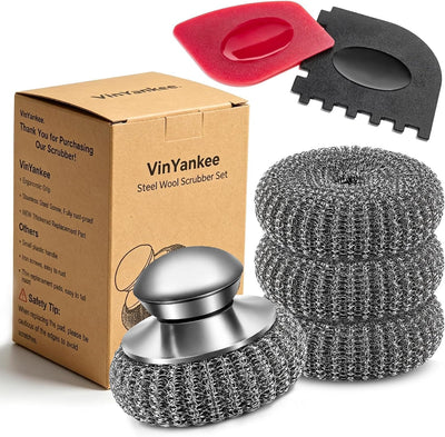 Steel Wool Scrubber with Handle, 6PCS Stainless Steel Scrubber with Pan Scraper, Wire Sponge Pads for Scouring Messes