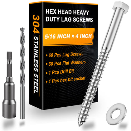 Hex Head Lag Bolts for Wood, Lag Screws 5/16" x 4",60 PCS
