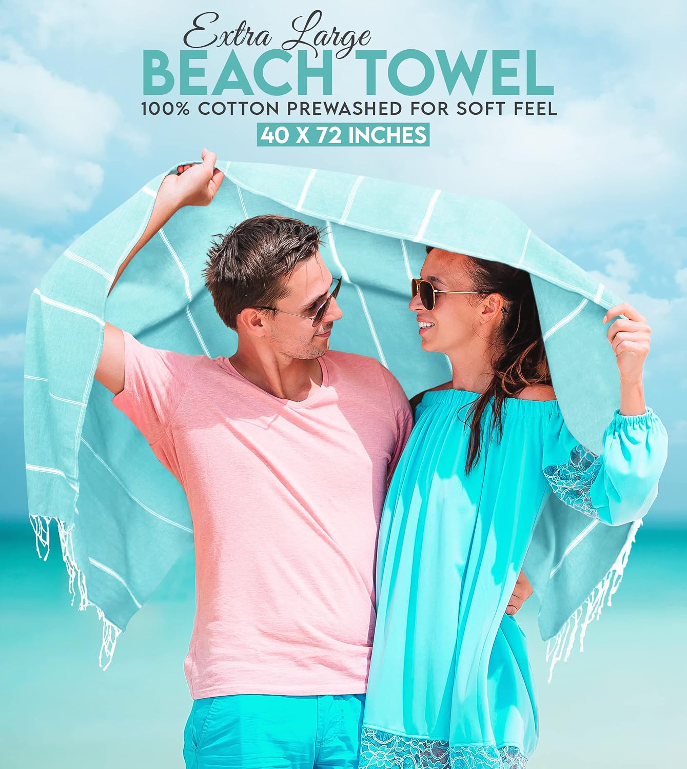 Pack of 2 Turkish Beach Towel, 40 by 72 Inches, Oversized 100% Cotton, Sand Free Lightweight Absorbent Quick-Dry