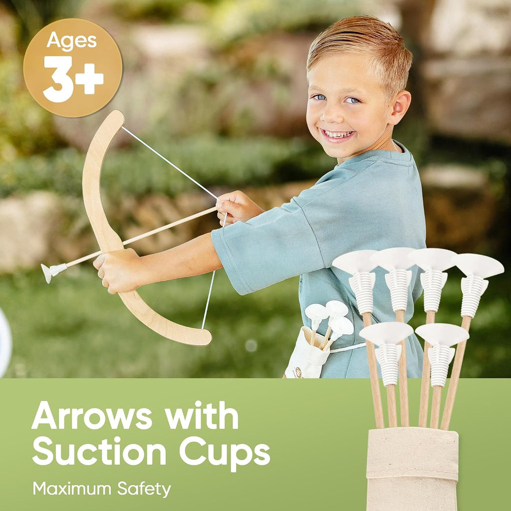 Kids Bow and Arrow Set | Wooden Archery Toy for Boys & Girls Ages 3+, Bow and Arrow for Kids | Includes 6 Suction Cup