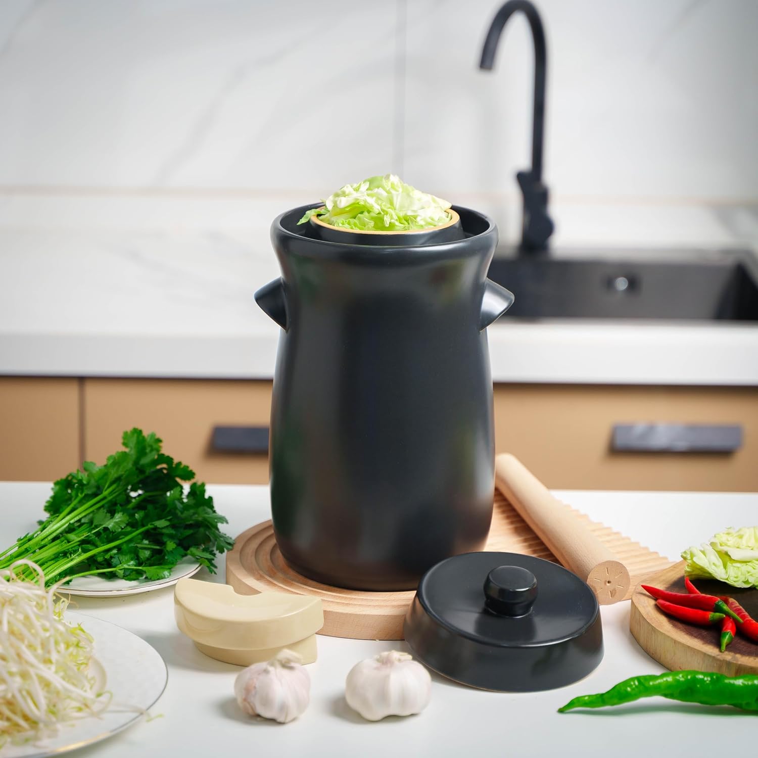 Fermentation Crock 3.8Liter/1 Gallon Stoneware Pot for Fermenting, Pickling Kimchi, Pickles, Vegetables, Kombucha
