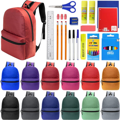 17 Inch Bulk Backpacks with 34 Piece School Supplies Kits - Pens, Pencils, Crayons - Case of 12 Wholesale Backpacks