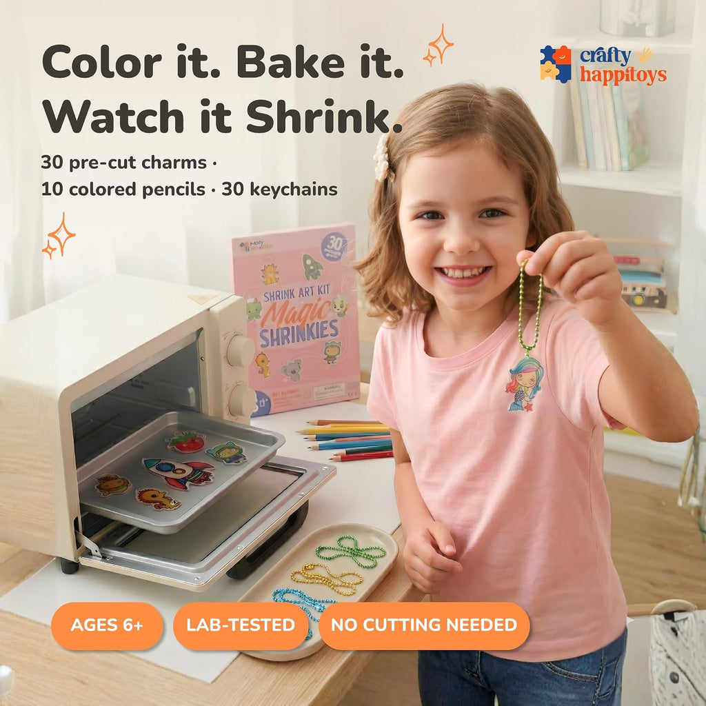 Shrink Art Sheets - Craft Kit for Kids - Art and Craft for Kids - Shrink Plastic Sheets with 30 Pre Cut Charms - DIY