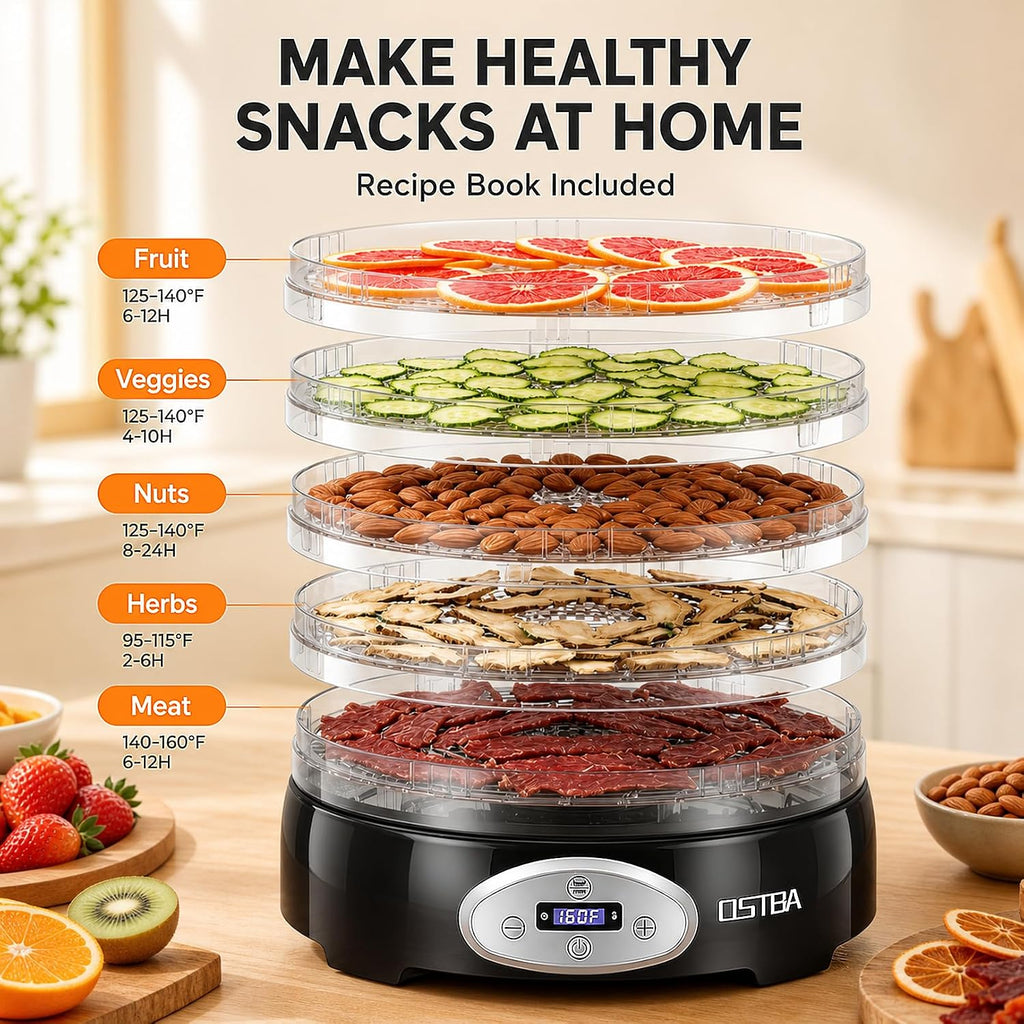 Food Dehydrator, 5 BPA-Free Trays, Adjustable Temp, 48H Timer, 420W