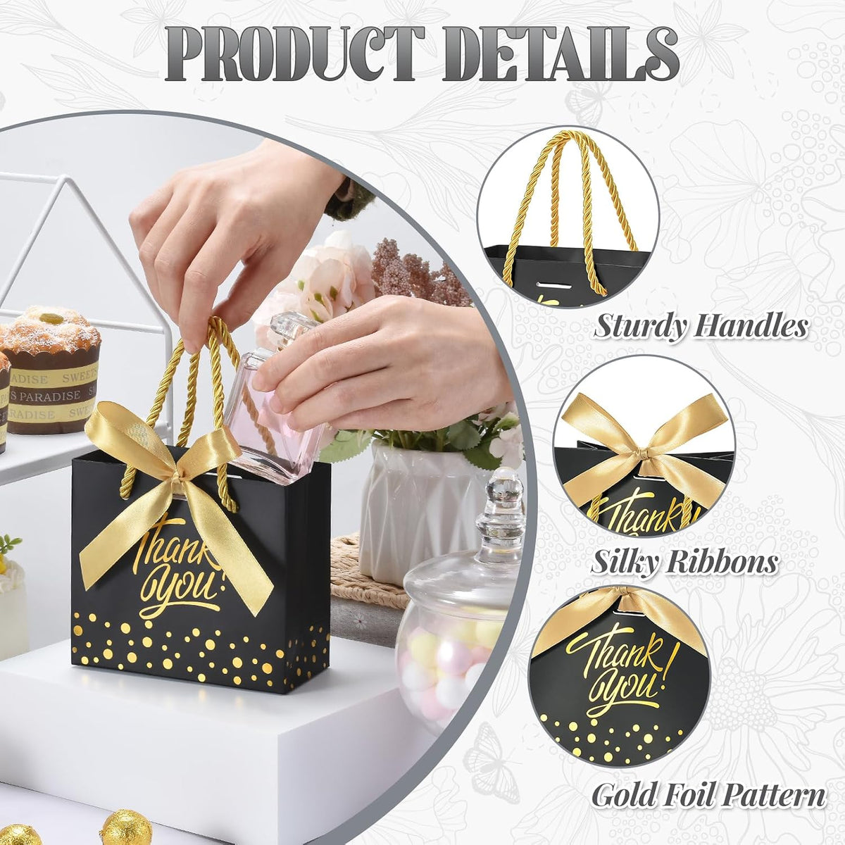 50Pcs Small Thank You Gift Bags with Handles & Bows, Black/Gold