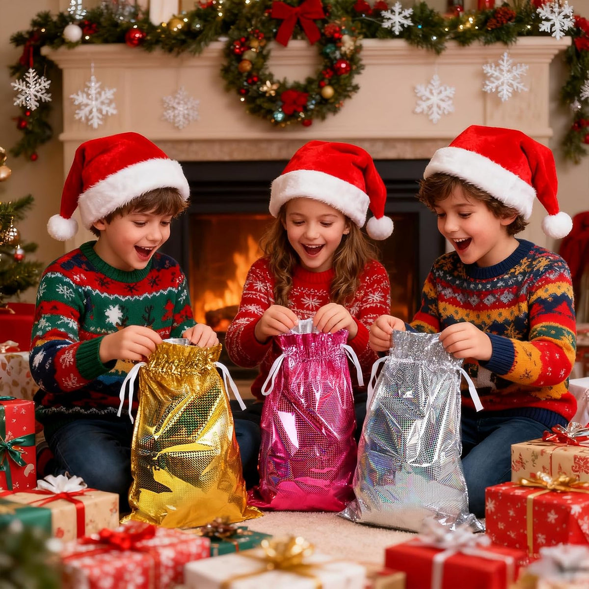 24 Pcs Christmas Drawstring Gift Bag, Wrapping Bag Bulk with Tags