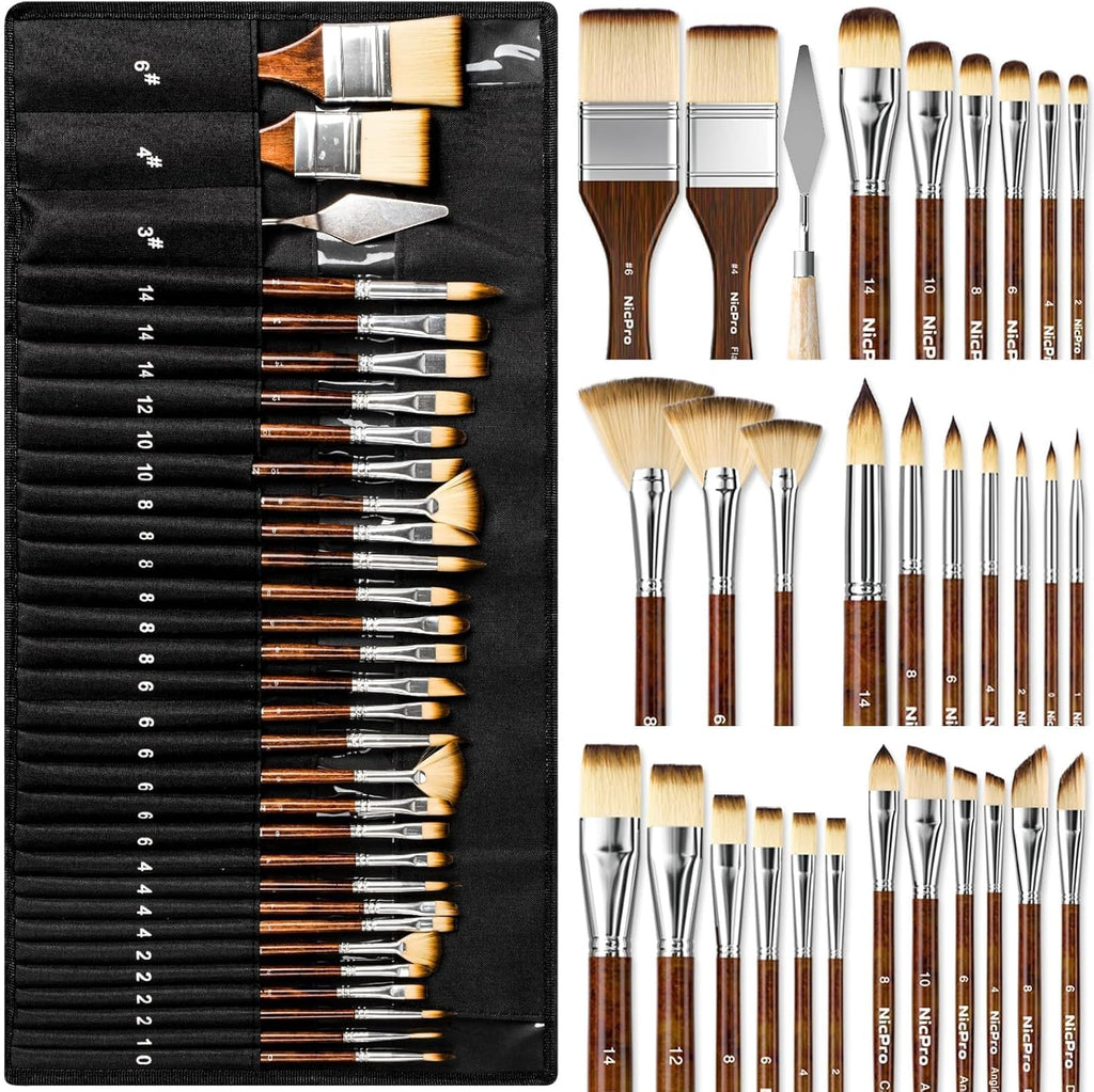 30pcs Paint Brush Set, Professional Acrylic Paint Brushes with Paint Spatula and Cloth Roll, Paintbrushes for Acrylic
