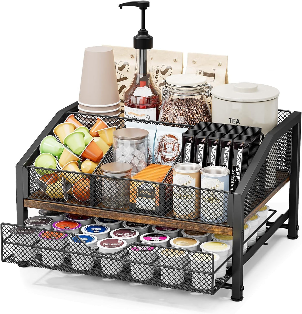 Coffee Bar Organizer, Metal & Wood Coffee Station Holds 42 K Cup