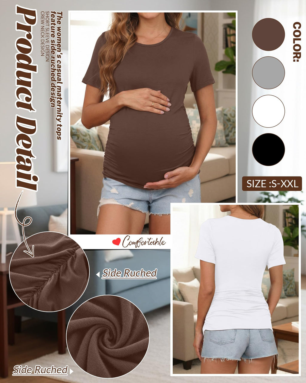 4 Pack Women's Short Sleeve Maternity Tops, 4-Color, Small