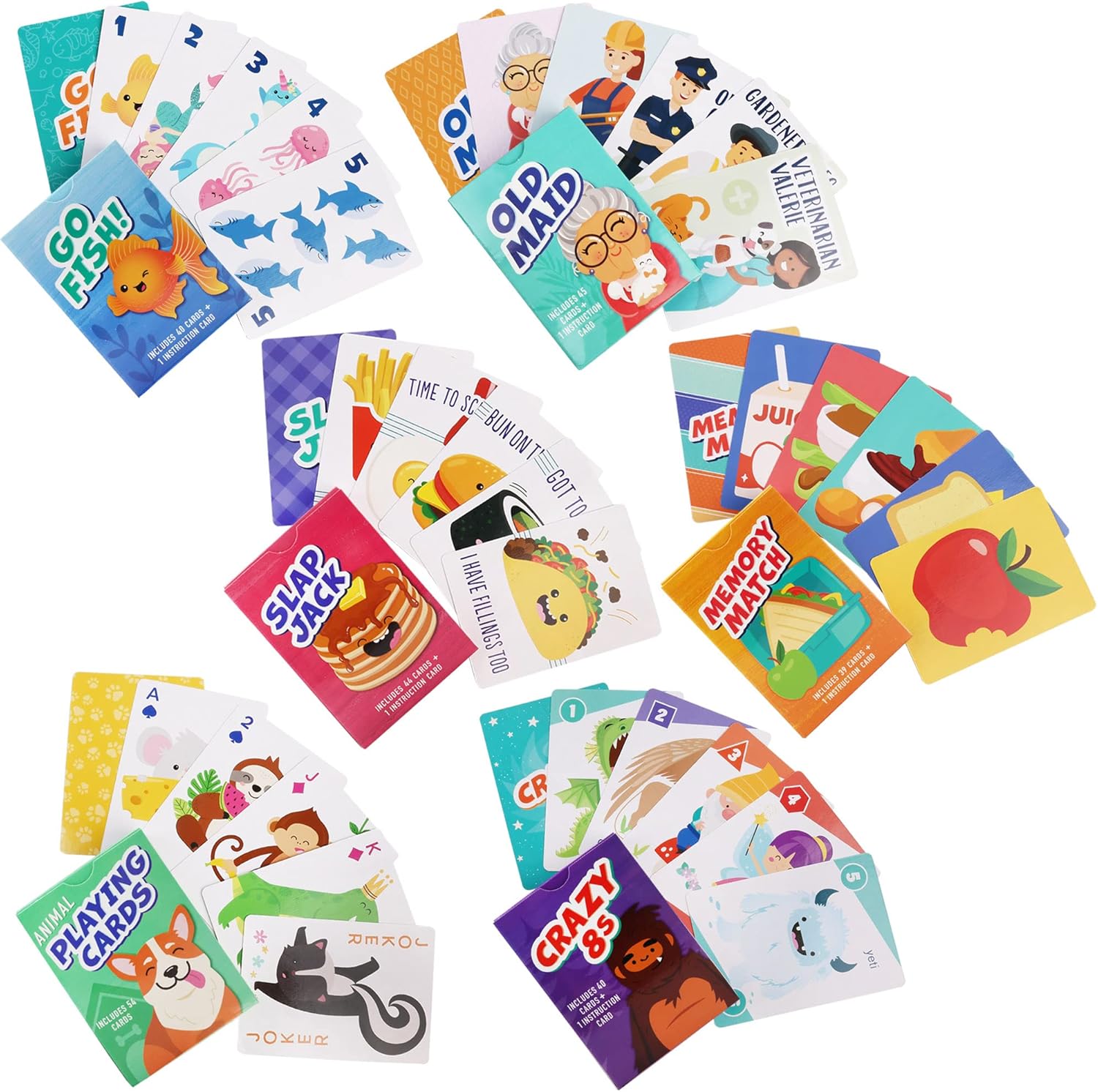 Card Games for Kids, 6 Decks, Go Fish, Old Maid, Crazy Eights, Memory Match, Slap Jack, Animal Playing Cards, Easter