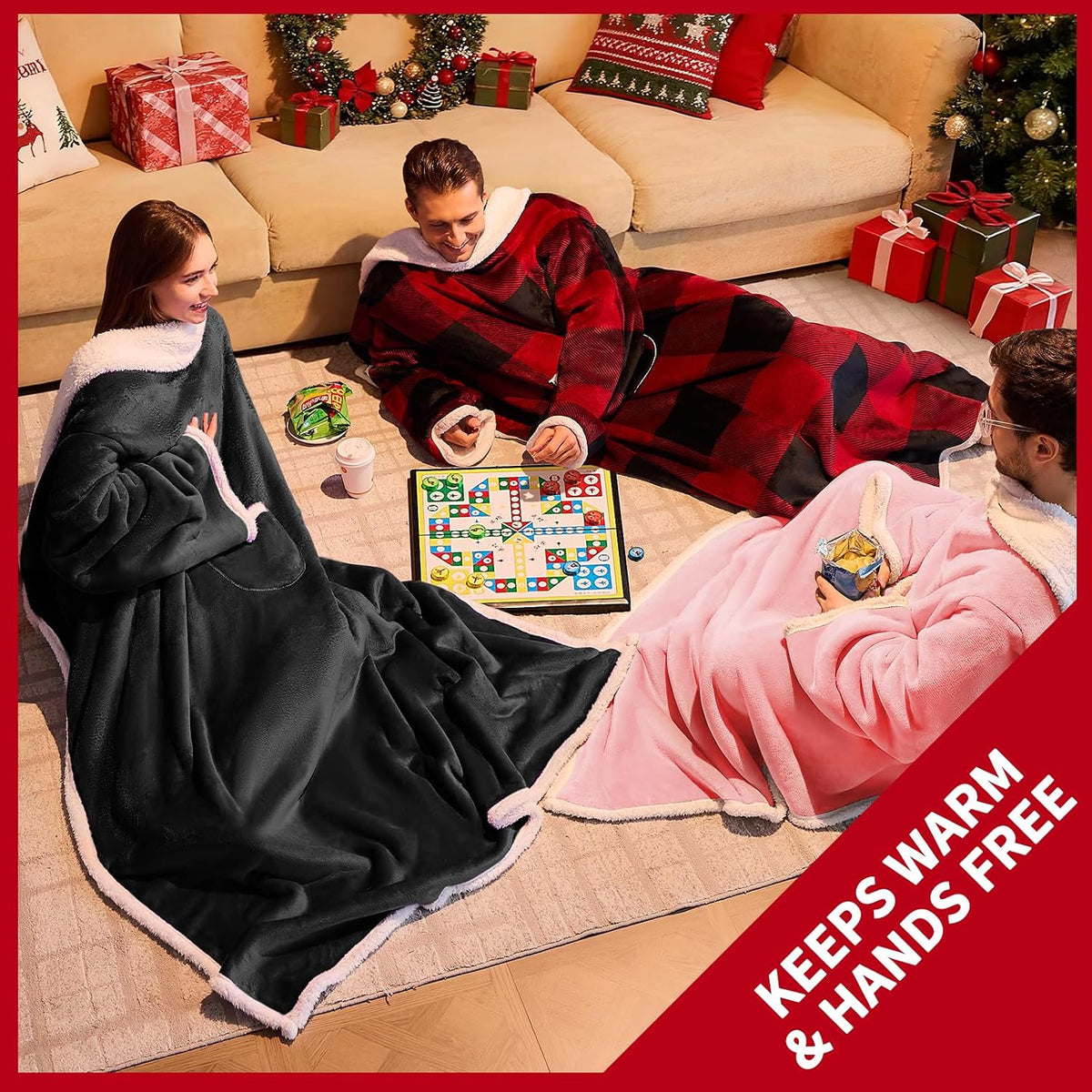 Sherpa Wearable Blanket with Sleeves, Oversized Snuggle Robe, Grey
