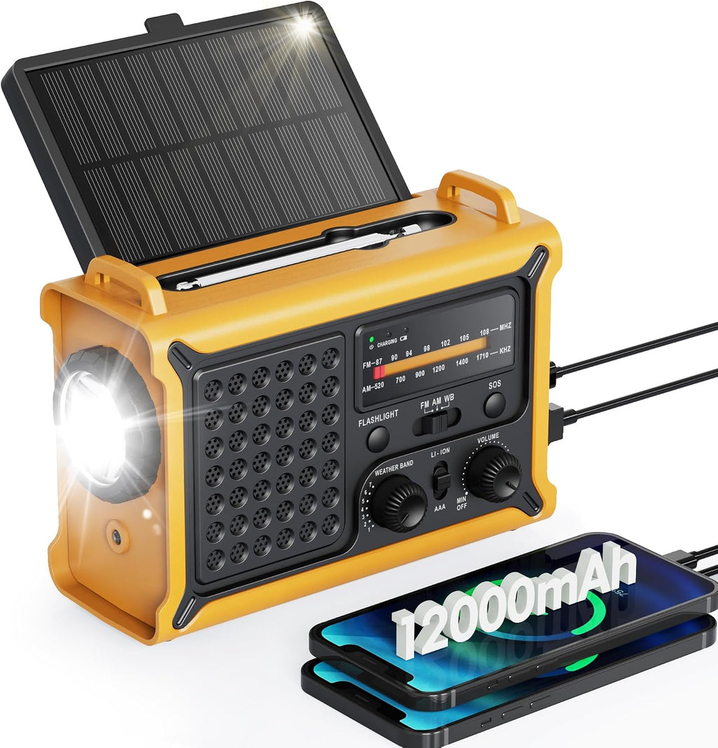 Emergency Weather Radio with Large Solar Panel, Efficient Hand Crank | 12000mAh Battery, AM/FM/NOAA Bands, LED