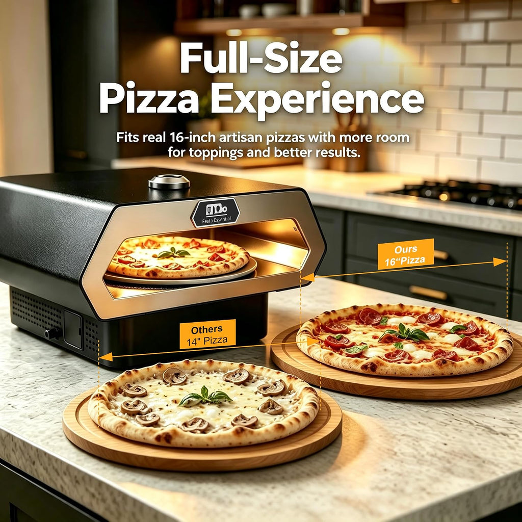 16" Propane Gas Portable Outdoor Pizza Oven w/Pulse Ignition, Auto Rotating Stone and Thermometer - Carry Bag, Peel