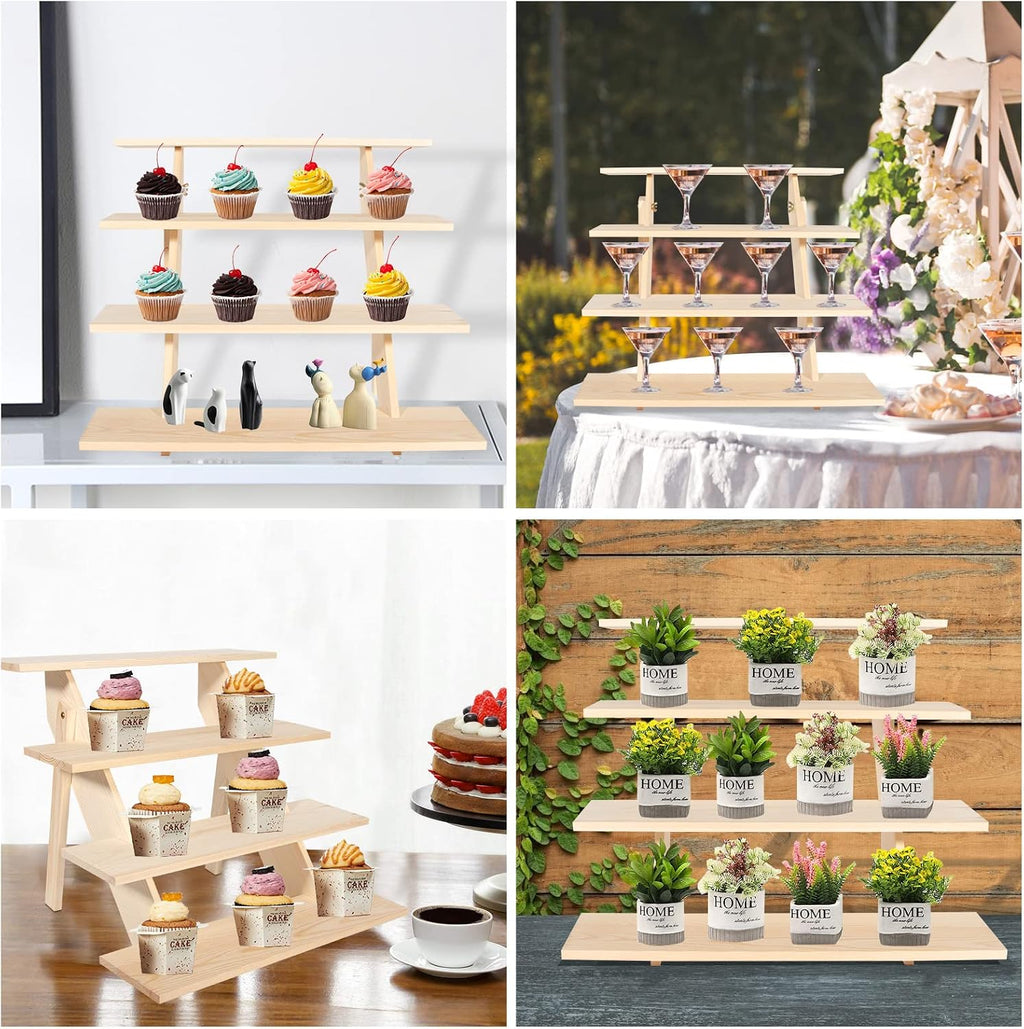 4 Tier Wood Cupcake Display Stand, Retail Cookie Display Riser,Nature | Tool-Free Rustic Tiered Table Stand for