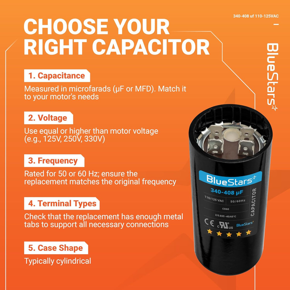 [2025 Upgraded] BlueStars 340-408 uF MFD 110-125VAC Motor Start Capacitor