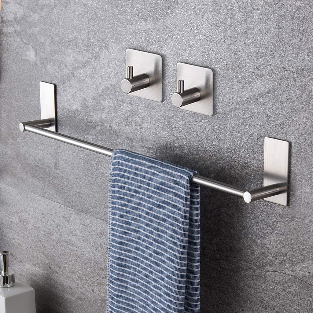 16-Inch Self-Adhesive Towel Bar with 2 Pack Hooks, Stainless Steel | Rustproof, No Drilling, Bathroom Hardware