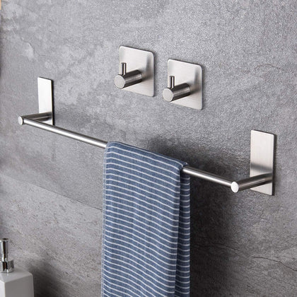 16-Inch Self-Adhesive Towel Bar with 2 Pack Hooks, Stainless Steel | Rustproof, No Drilling, Bathroom Hardware
