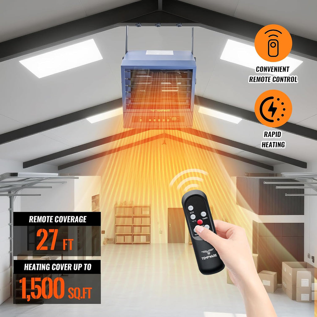 Electric Garage Heater, 10000-Watt Digital Fan-Forced Ceiling Mount Shop Heater with Smart WIFI Control, ECO Mode and