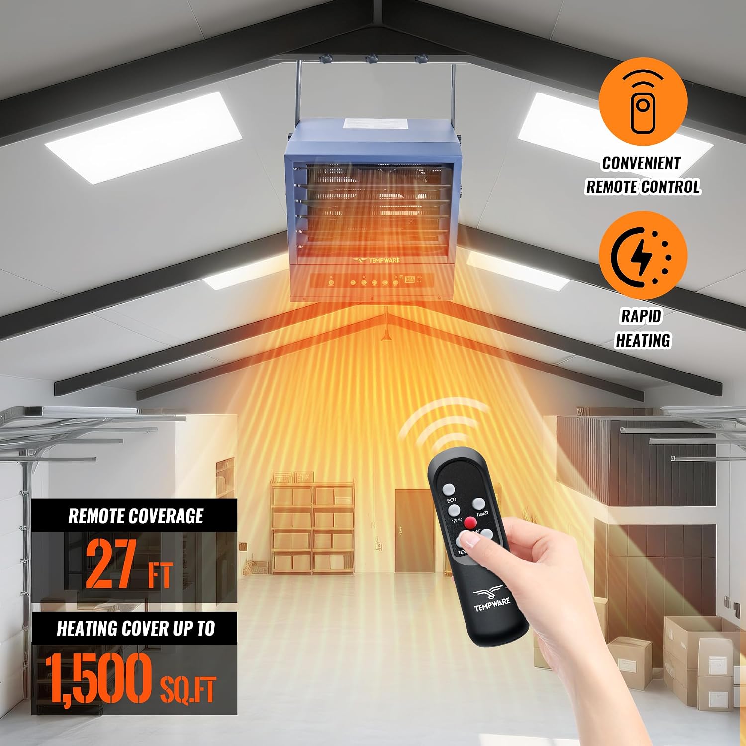 Electric Garage Heater, 10000-Watt Digital Fan-Forced Ceiling Mount Shop Heater with Smart WIFI Control, ECO Mode and