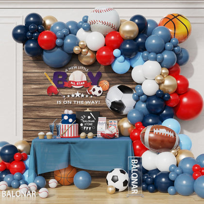 Dusty Blue Sport Theme Birthday Party Balloons Garland Arch Kit with 149pcs Football Vollyball Soccer Baseball