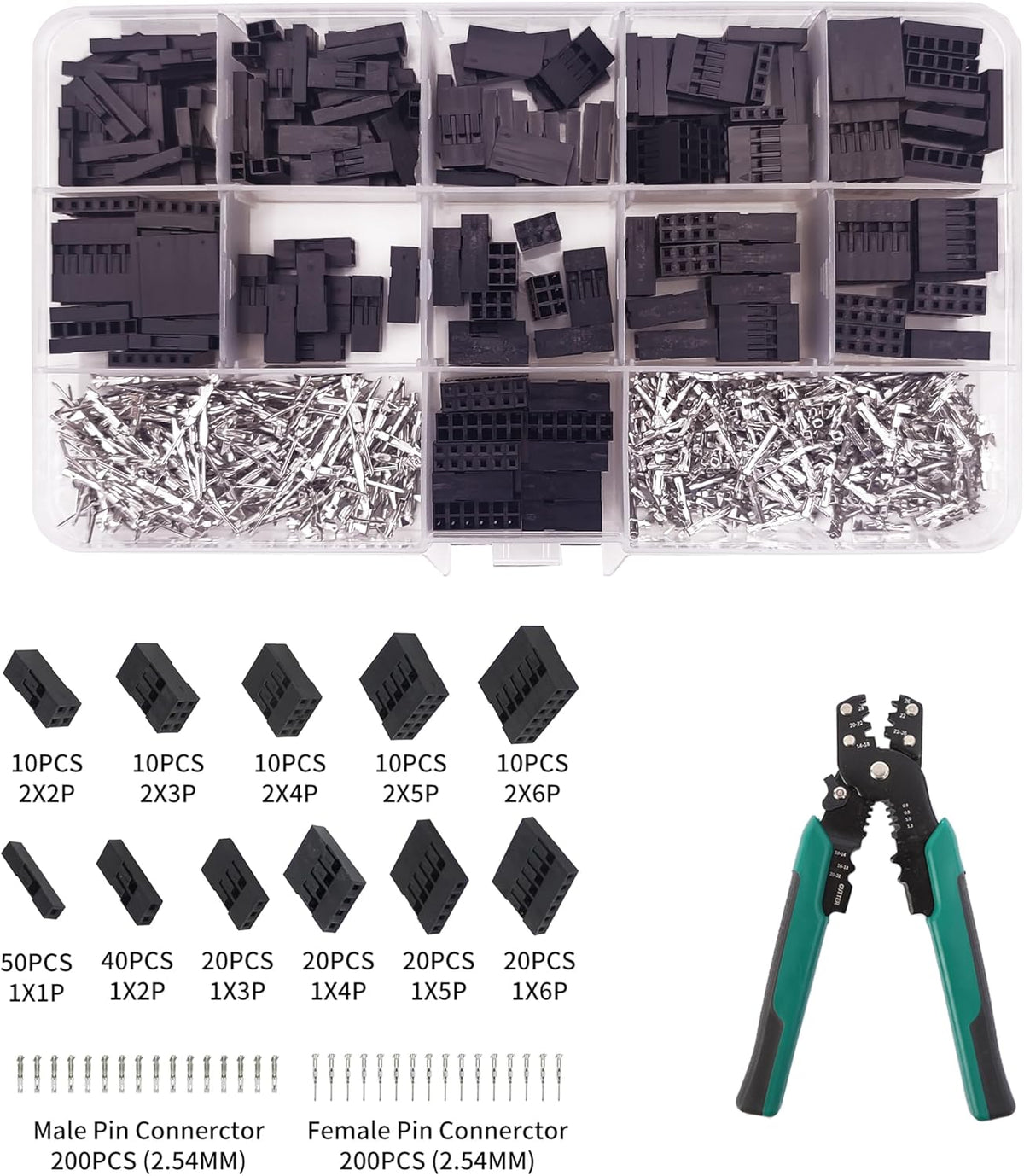 620Pcs Dupont Connector Kit With Crimping Pliers Crimper JST Connector Kit Crimp Tool Terminal Ferrule Crimper Wire Hand Tool Set Male Female Spade Connectors Terminals Connector Set