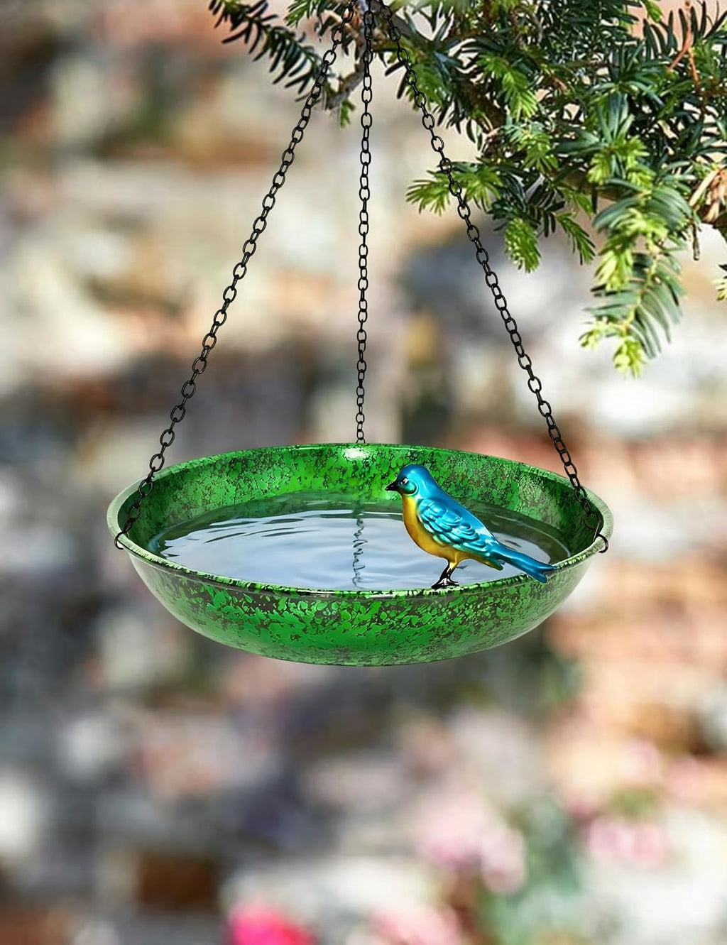 Hanging Bird Bath for Outside, 11" Green/Blue Metal Birdbath & Feeder Bowl