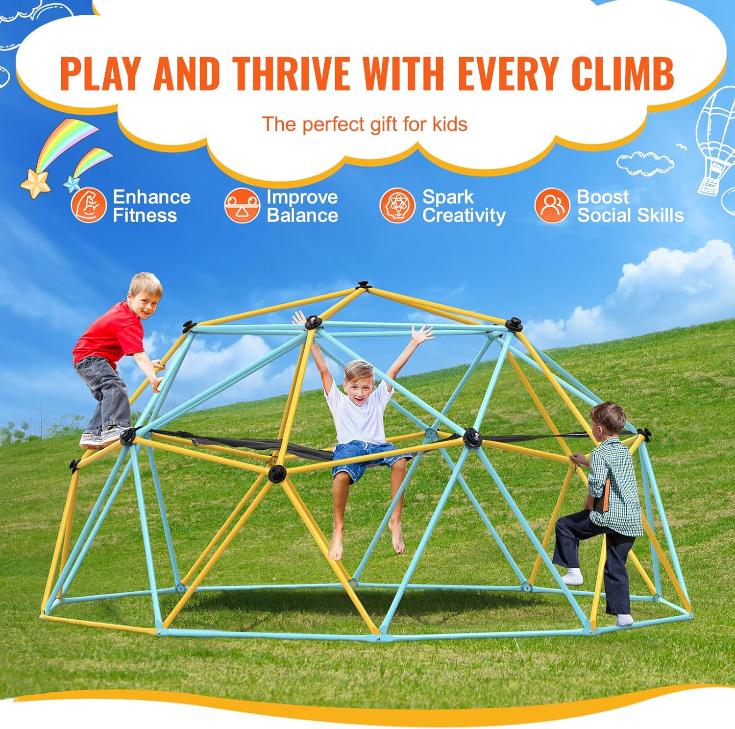 Climbing Dome, 10FT Geometric Dome Climber with Hammock and Swing, Jungle Gym Supports 750LBS and Easy Assembly for