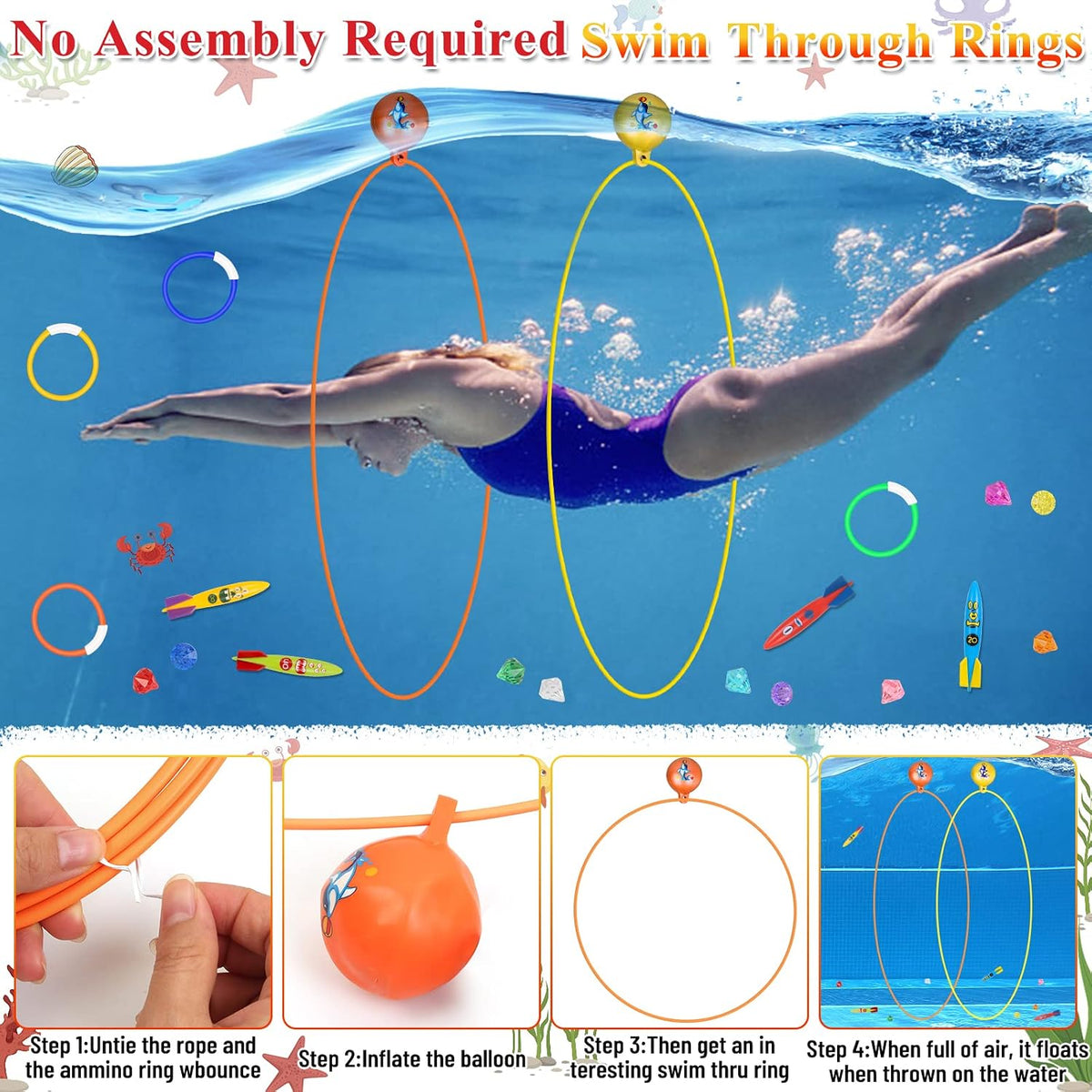23PCS Pool Toys Games for Kids, No Assembly Stability Swim Thru Rings, Pool Diving Toys for 3,4,5,6,7,8,9,10,11,12