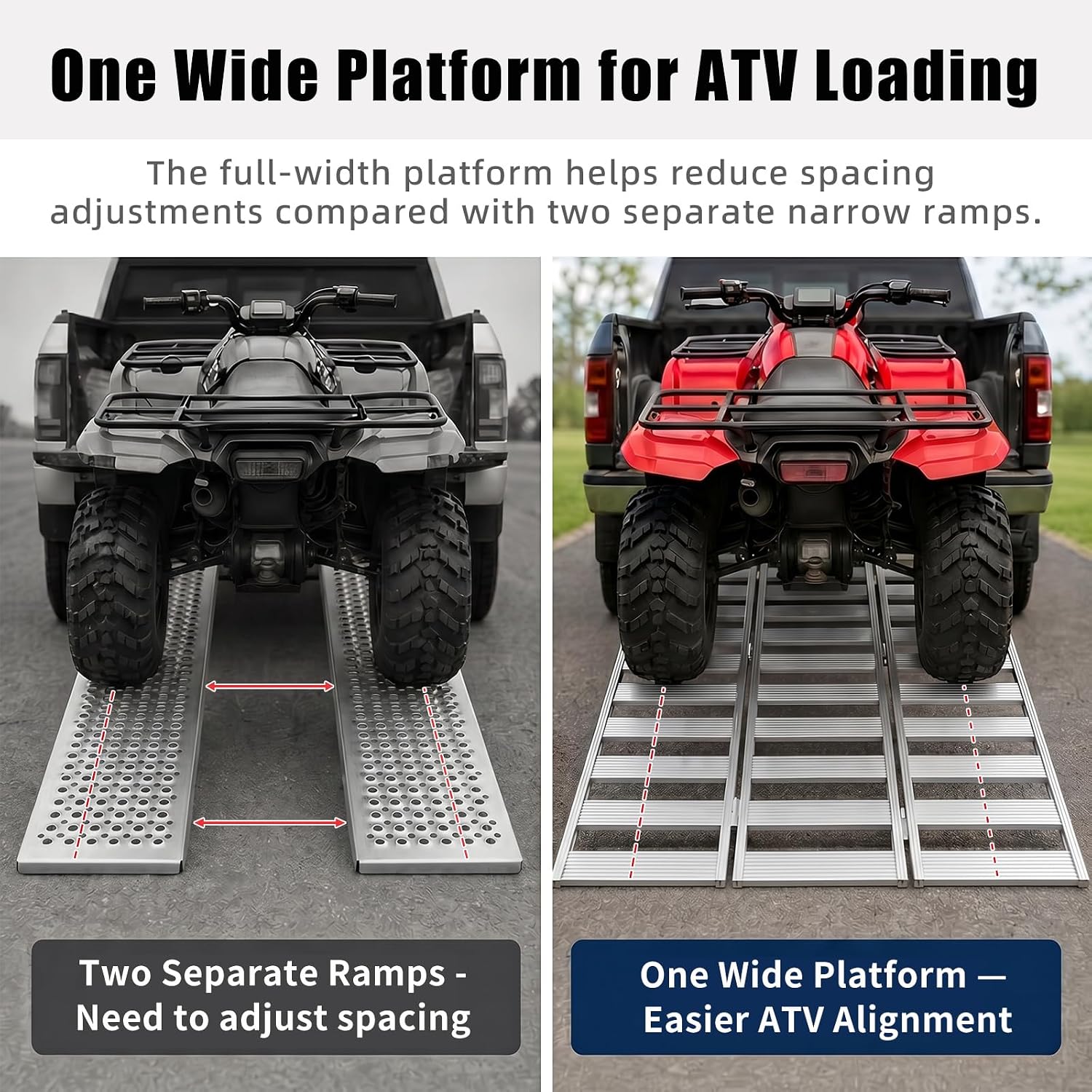 Aluminum Tri-Fold ATV Loading Ramp, 76" x 50" Wide Platform, 1500 lb Capacity with Safety Straps for Lawn Mower, Snow
