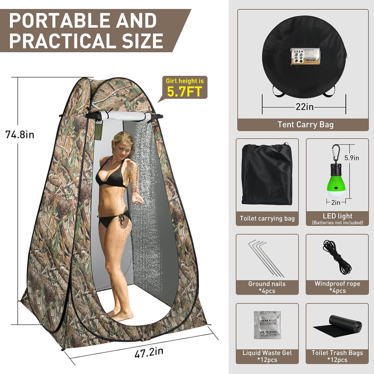 Portable Camping Toilet with Pop-Up Privacy Tent, 12-inch Toilet Seat, Outdoor Portable Folding Toilet Potty for