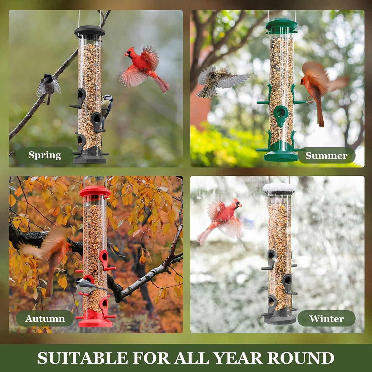 2 Pack Tube Bird Feeders for Outdoors Hanging, Premium Hard Plastic Bird Feeder with 6 Feeding Ports, Weatherproof &