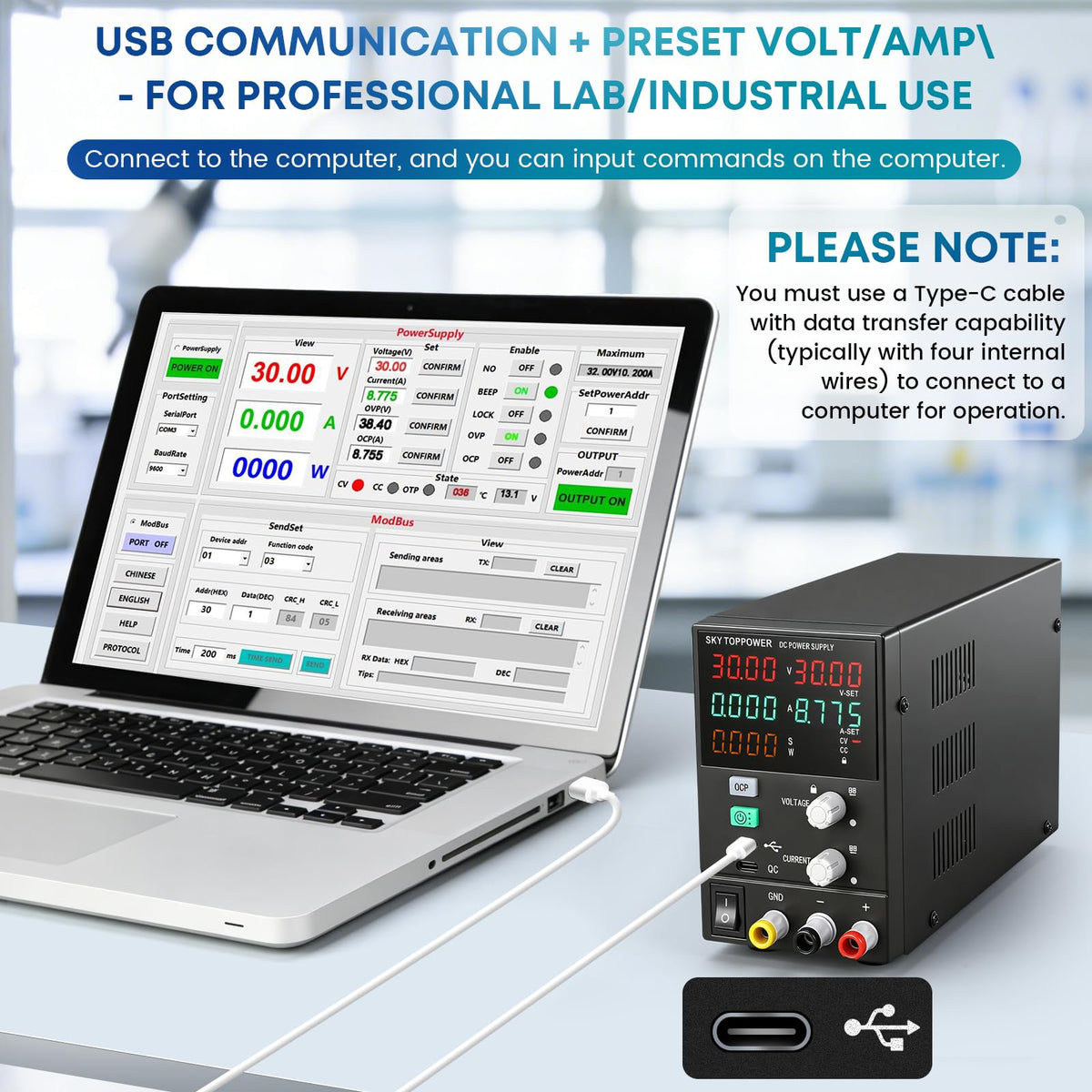 SKY TOPPOWER DC Power Supply Variable 32V 10A USB-C PC Control,Type-C