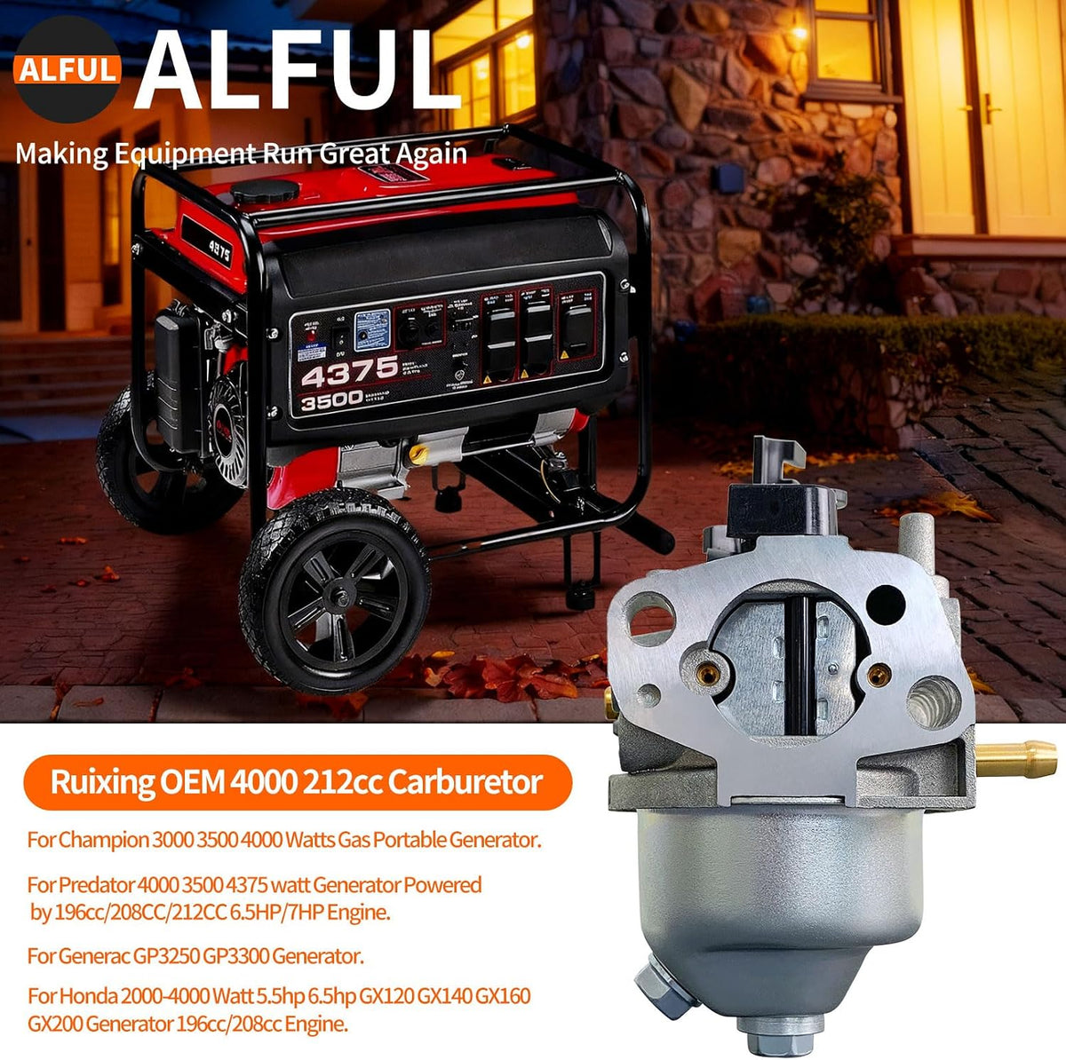Ruixing OEM 4000 212cc Generator Carburetor for Predator 4000 3500 4375 Champion Honda Generac 3500 4000 3000 4500 4375 3550 3650 GP3250 GP3300 Watt 196cc 208cc 212cc 224cc 7hp 6.5HP Engine