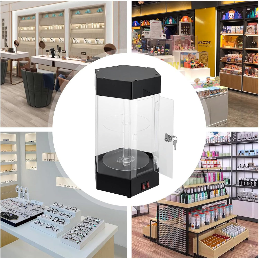 360° Electric Rotating Display Case, 2-Tier Jewelry Display Case Hexagonal Acrylic Showcase with Lockable Door and