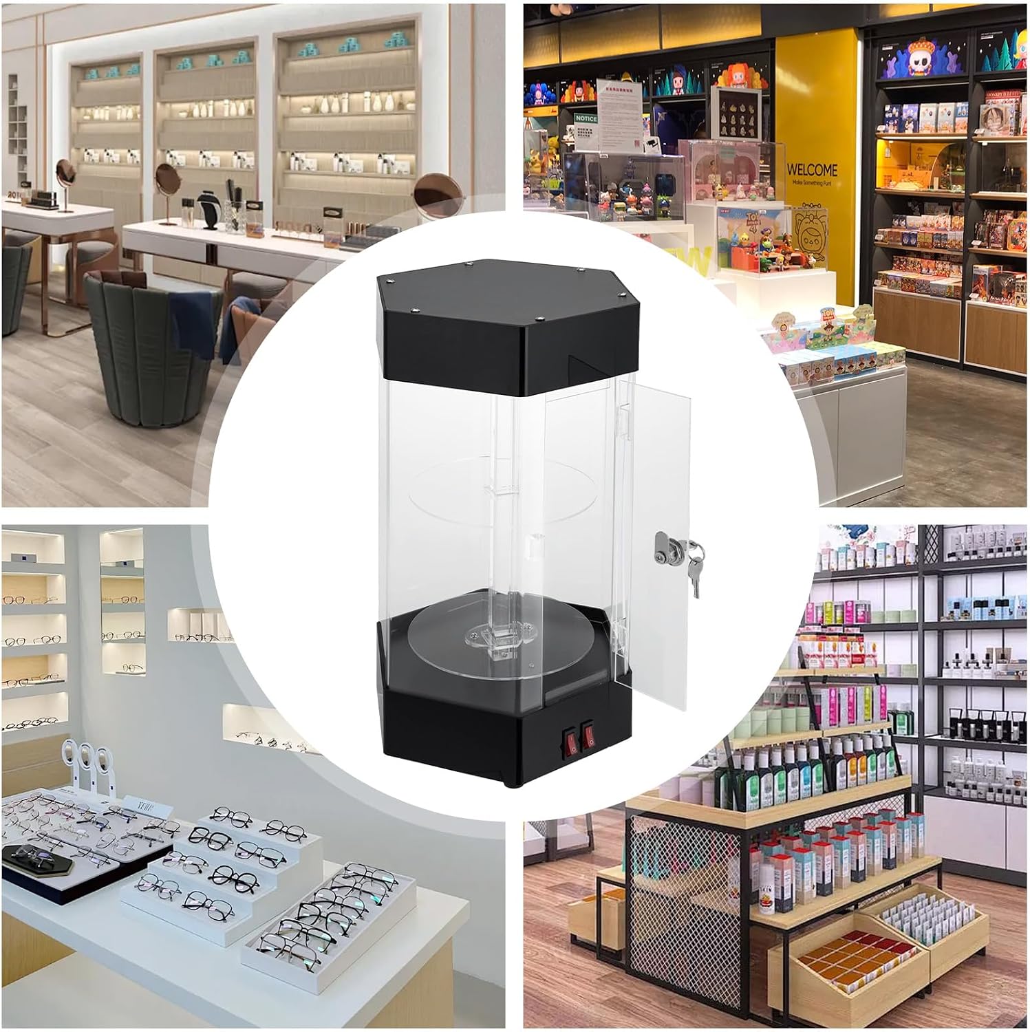 360° Electric Rotating Display Case, 2-Tier Jewelry Display Case Hexagonal Acrylic Showcase with Lockable Door and