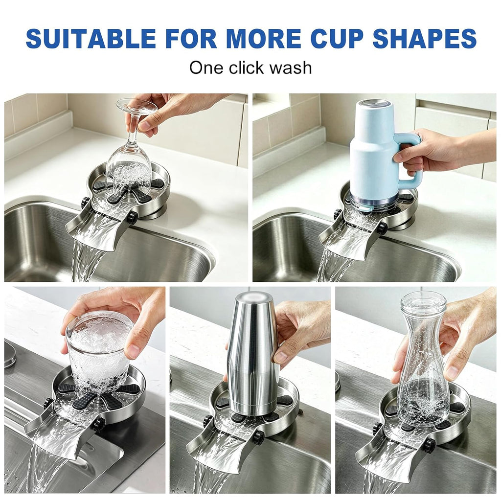 Stainless Steel Glass Rinser for Kitchen Sink with Removable Water Outake Port, Cup & Bottle Washer with Wide Spray
