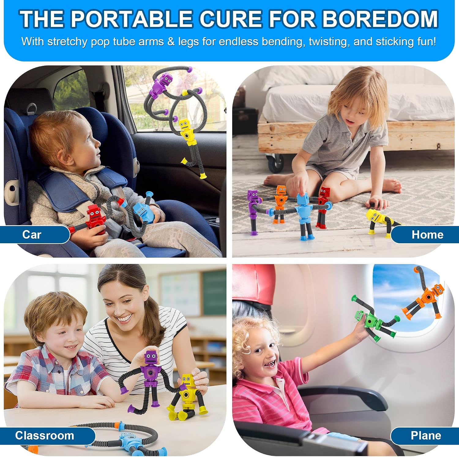 Robot Sensory Pop Tubes Toys 6PCS for Toddlers Boys Age 3-8, Suction Cup Stretchy Fidget Toy, Travel Toys, Autism